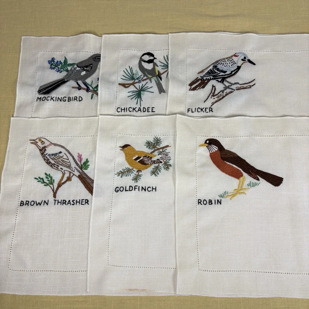 Set of 6 Vtg Hand Embroidered Table Mats Birds GrannyCore Farmhouse Decor OOAK
